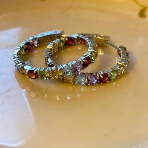 Coach silver hoop earring with multi colored stones